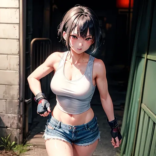 Cute Japanese female fighter with black hair and shorts cut fighting in a back alley, drenched in sweat. Tank top. Denim shorts. Open finger gloves.