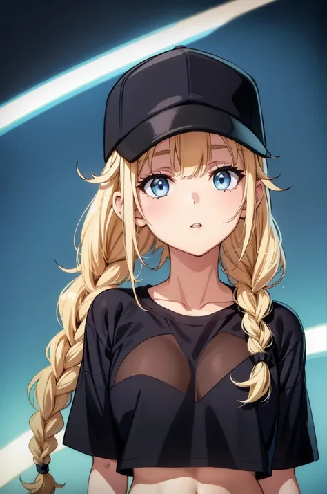 a blonde haired woman in a baseball cap and a black shirt, 1girl, solo, blue eyes, hat, blonde hair, breasts, braid, twin braids, long hair, crop top, short sleeves, looking at viewer, shirt, collarbone, baseball cap, midriff, cleavage, bangs, parted lips,...