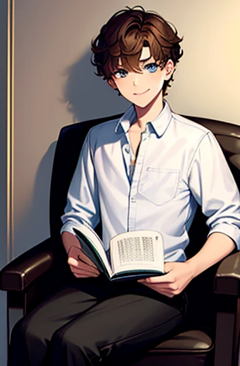 1boy, short hair, brown hair, curly brown hair, blue eyes, smiling, sitting in a chair, reading a book, white shirt, black pants, open skirt