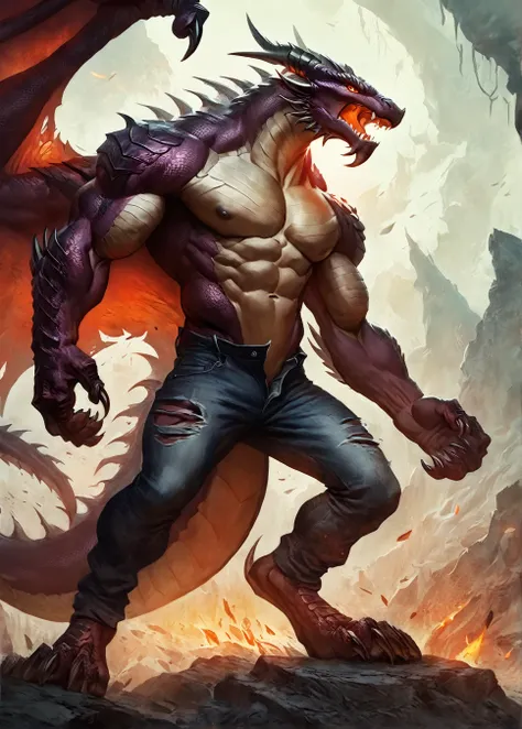 Dragon, comic book style, illustration, solo, abs, ferocious, male, [[badass pose]], nipples, masterpiece, best art, full body, torn jeans, detailed eyes, detailed body, claws, detailed tail, masculine body shape, fantasy, tall, topless, muscular, darkness...