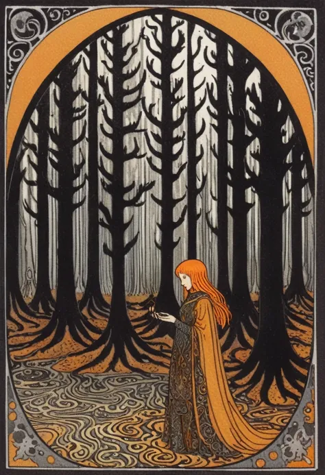 dark forest, dark amber and gray, ephemeral patterns, witchcore, cloisonnism, eleanor vere boyle, ivan bilibin style page, lks73...