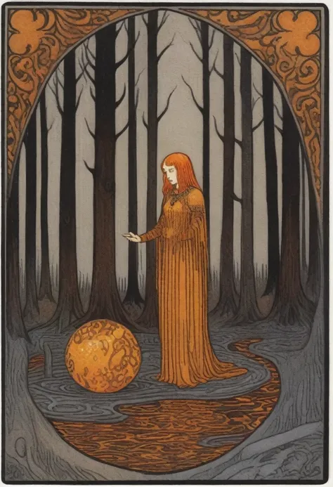 dark forest, dark amber and gray, ephemeral patterns, witchcore, cloisonnism, eleanor vere boyle, ivan bilibin style page, lks73...