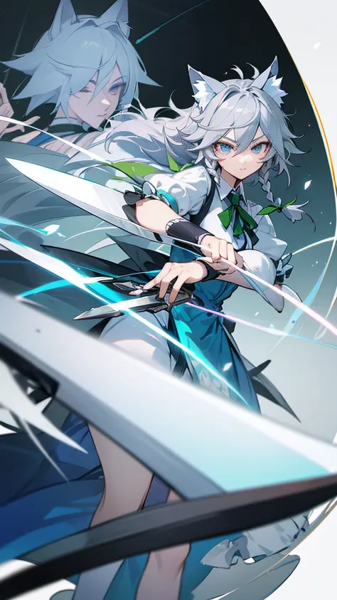 highest quality　Neutral face　woman　I have long hair　Odd Eye　Gray Hair　Sakuya Izayoi　beautiful girl　Cat ear　kind　Silver knife