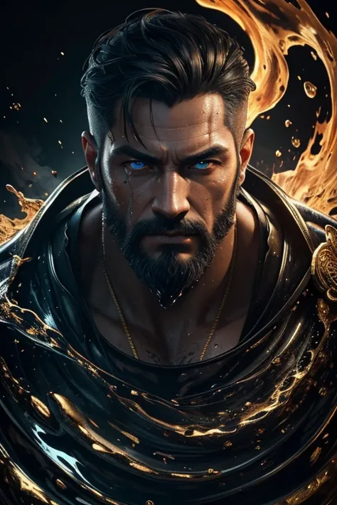 a handsome well-built man, Hyperdetailed Eyes, Tee-Shirt Design, Line Art, Black Background, Ultra Detailed Artistic, Detailed Gorgeous Face, Natural Skin, Water Splash, Colour Splash Art, Fire and Ice, Splatter, Black Ink, Liquid Melting, Dreamy, Glowing,...