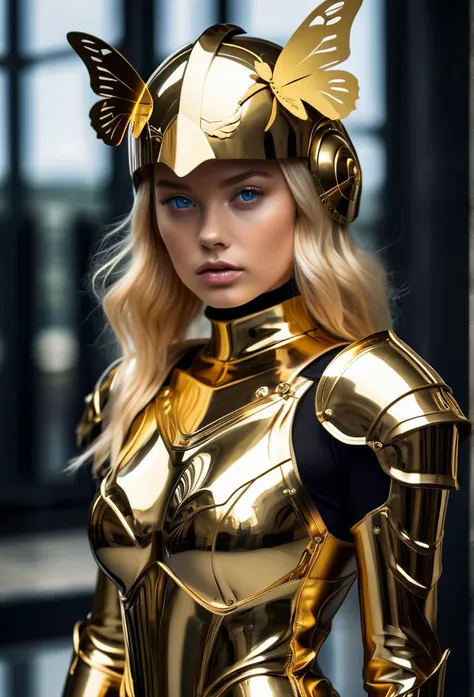 photography, high detail, realistic, ((Dressed from head  to toe in gold metallic romper tight fittings body Armor)) A shiny gold helmet with clear visor for the eyes is on top her head. the girl has blue eyes and Blonde hair. Carries a long broad sword  w...