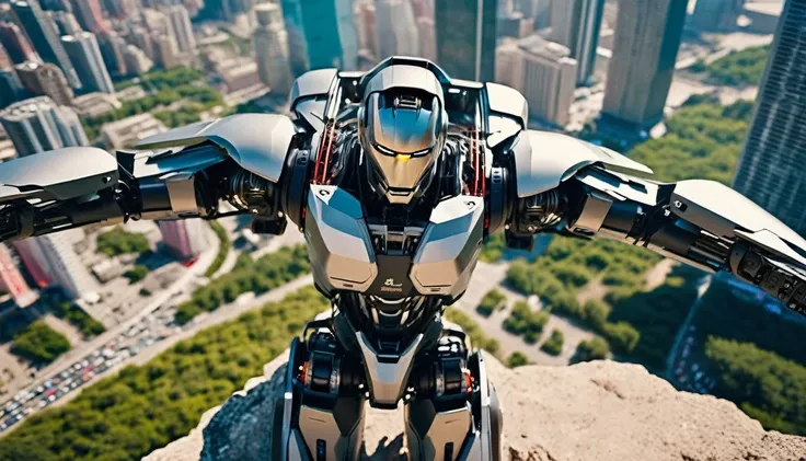 (POV looking from above,drone view,((high angle camera view from above)) frontal view of a humanoid cyborg robot ((standing with high outstretched arms in the pose just like Jesus Christ, on the top of the mountain in the background a bustling cyberpunk me...