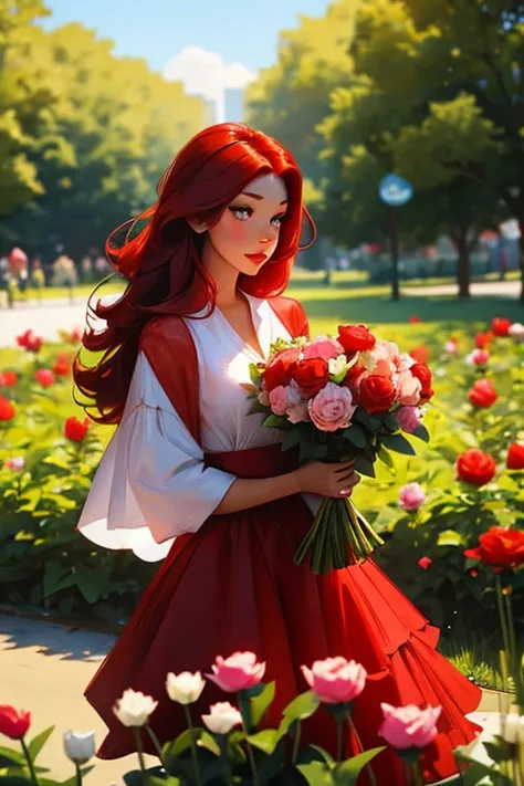 a red haired woman with red eyes and an hourglass figure in a cute summer dress is holding a bouquet of peonies in the park