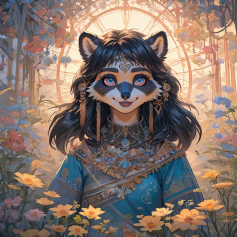 Create an illustrated, hand-drawn, full-color image of an anthropomorphic raccoon girl. The artwork should be rendered in the style of "Breath of the Wild," featuring warm lighting and shadows. Include graphite shading, stencil marks, and airbrushed acryli...