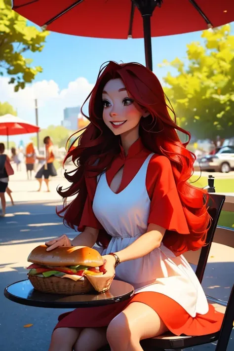 a red haired woman with red eyes and an hourglass figure in a cute summer dress is eating lunch at the park with a smile