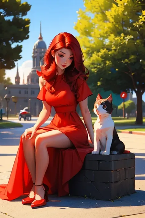 a red haired woman with red eyes and an hourglass figure in a cute summer dress is petting a cat at the park