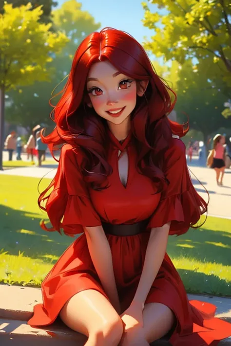 a red haired woman with red eyes and an hourglass figure in a cute summer dress is laying in the park with a blush and a smile