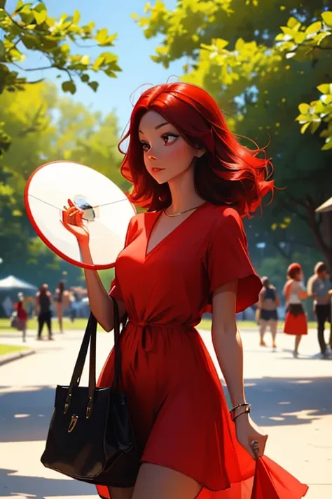 a red haired woman with red eyes and an hourglass figure in a cute summer dress is  holding a frisbee in the park