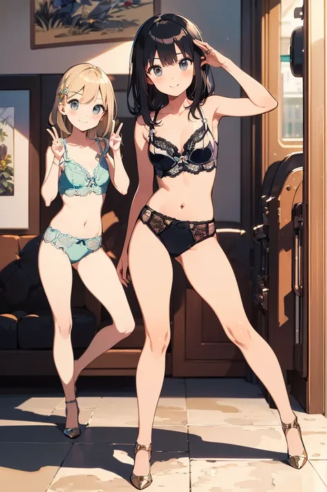 Multiple girls, (masterpiece:1.8),(highest quality:1.8),(Very detailed:1.8),(8k:1.8),(Ultra-fine Illustration:1.5),Random hairstyle,Flat Chest,Small Ass,(Random color luxury metallic,,Delicate lace lingerie:1.4),(Pose with a smile:1.5),Walking in the train...