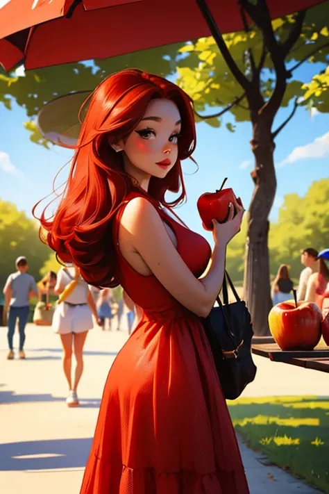 a red haired woman with red eyes and an hourglass figure in a cute summer dress is  offering an apple at the park