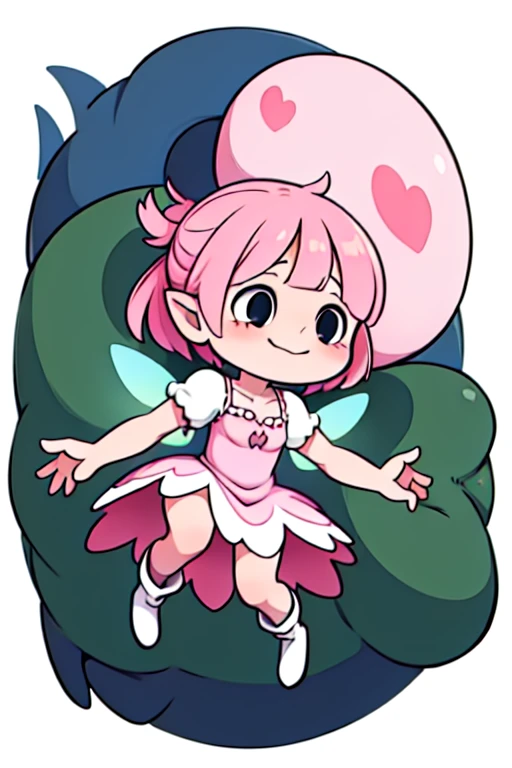 tiny fairy, flying in the air, medium breasts, chibi art, tiny leaf dress, pink dress, pixie cut hair, white hair, blushing, tiny hands and feet, white boots, big simple eyes, happy look, fluttering, simple background, white background, 