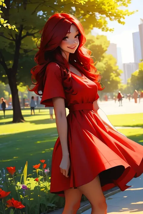 a red haired woman with red eyes and an hourglass figure in a cute summer dress is posing in the park with a big smile
