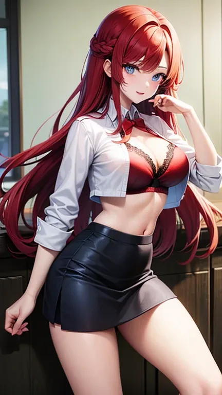 A beautiful anime girl with long red hair and striking blue eyes, wearing a short skirt and an open white shirt that reveals a black and red lace bra, 