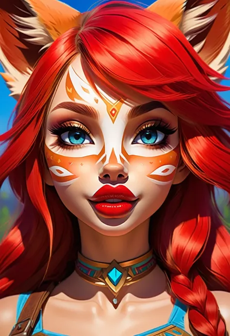 An Illustrated, Hand-Drawn, Full Color, Warm Lighting, Shadows, Graphite Shading, Stencil Marks, Airbrushed Acrylic Paint, In The Style Of Breath Of The Wild. ((Masterpiece)), ((Best Quality)), (Detailed), Luscious Lips, Image Of Anthro fox Girl, Female, H...