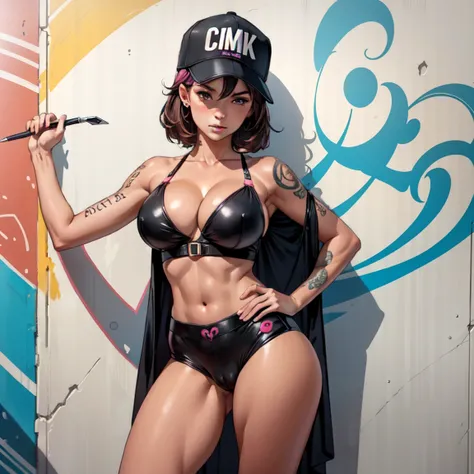 estilo anime, mujer grafitera, grafiti en la pared, desnuda contra la pared, gorra de lado, colores vivos, buena figura, buenas curvas, tatuajes maxima calidad, ultra detallado, 8K, cuerpo entero, cameltoe, ultra detailed 8k image, sharp image.