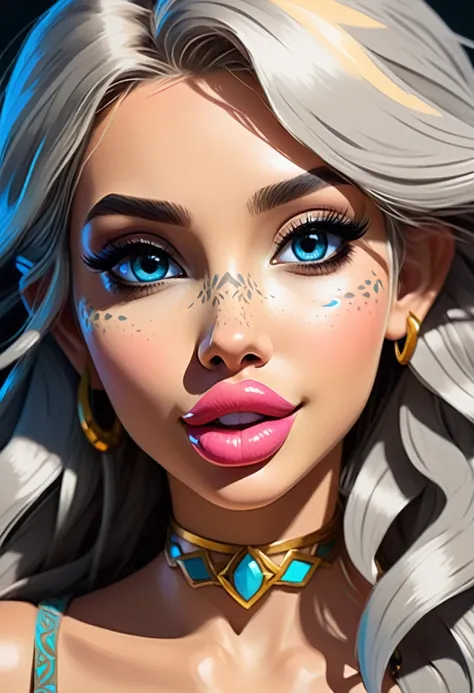 An Illustrated, Hand-Drawn, Full Color, Warm Lighting, Shadows, Graphite Shading, Stencil Marks, Airbrushed Acrylic Paint, In The Style Of Breath Of The Wild. ((Masterpiece)), ((Best Quality)), (Detailed), Luscious Lips, Image Of Anthro dolphin Girl, Femal...