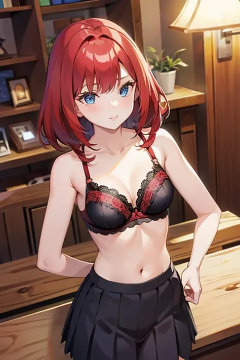 A beautiful anime girl with long, vivid red hair, stunning blue eyes, wearing a short pleated skirt, an open white shirt revealing a black and red lace bra