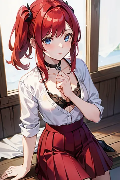 A beautiful anime girl with long, vivid red hair, stunning blue eyes, wearing a short pleated skirt, an open white shirt revealing a black and red lace bra