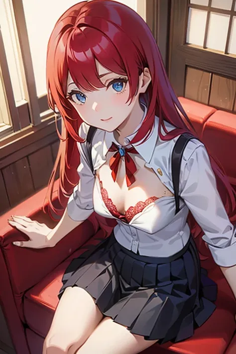 A beautiful anime girl with long, vivid red hair, stunning blue eyes, wearing a short pleated skirt, an open white shirt revealing a black and red lace bra