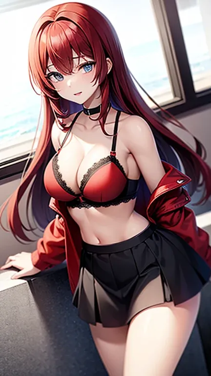 An anime girl with red hair and blue eyes wearing a skirt and an open shirt revealing a black and red bra