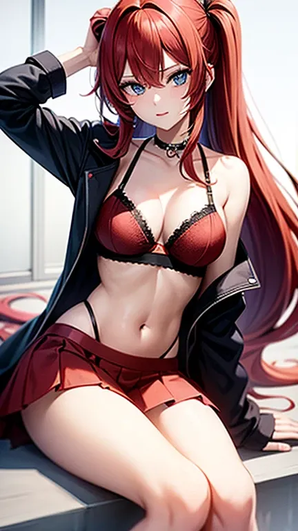 An anime girl with red hair and blue eyes wearing a skirt and an open shirt revealing a black and red bra