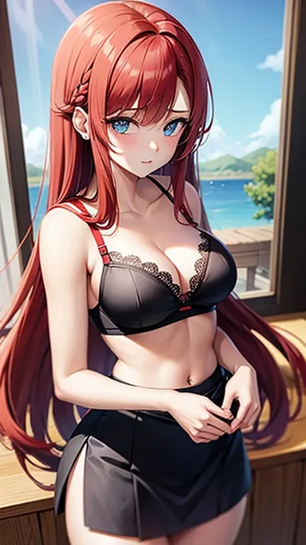 A beautiful anime girl with long flowing red hair, piercing blue eyes, wearing a short skirt and an open white shirt revealing a black and red lace bra