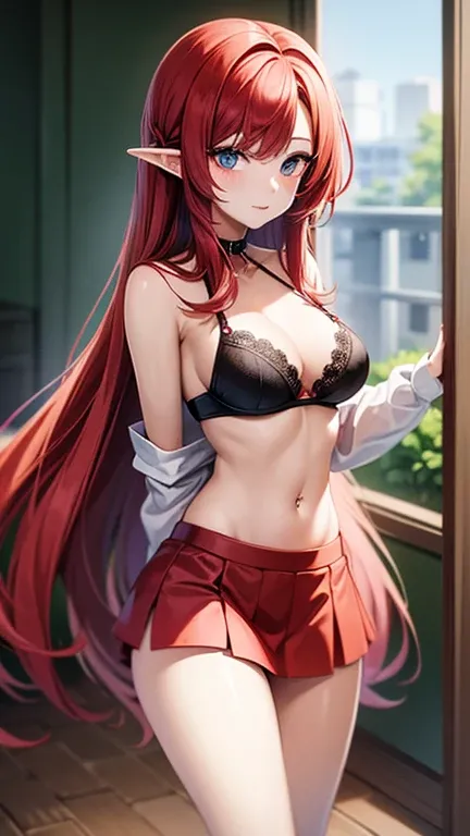 a beautiful anime girl with long flowing red hair, piercing blue eyes, open white shirt revealing black and red lace bra, short skirt