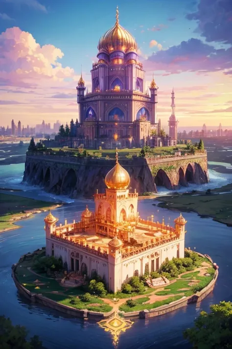 floating island with golden Muslim palace with vegetation and rivers with a tower in the center with a purple fire and blue sky background