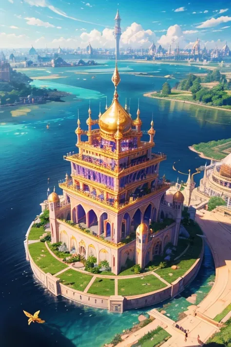 floating island with golden Muslim palace with vegetation and rivers with a tower in the center with a purple fire and blue sky background