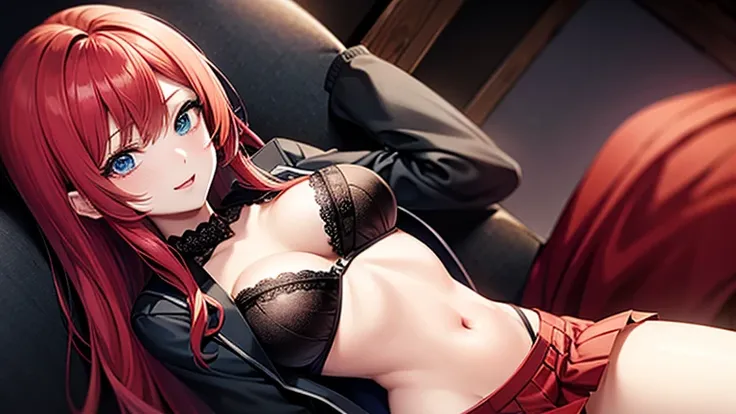 An anime girl with red hair and blue eyes wearing a skirt and an open shirt revealing a black and red bra