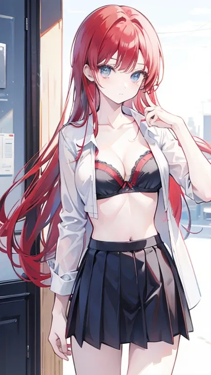 An anime girl with red hair and blue eyes wearing a skirt and an open shirt revealing a black and red bra