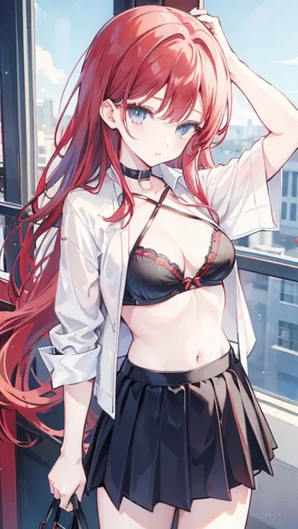 An anime girl with red hair and blue eyes wearing a skirt and an open shirt revealing a black and red bra