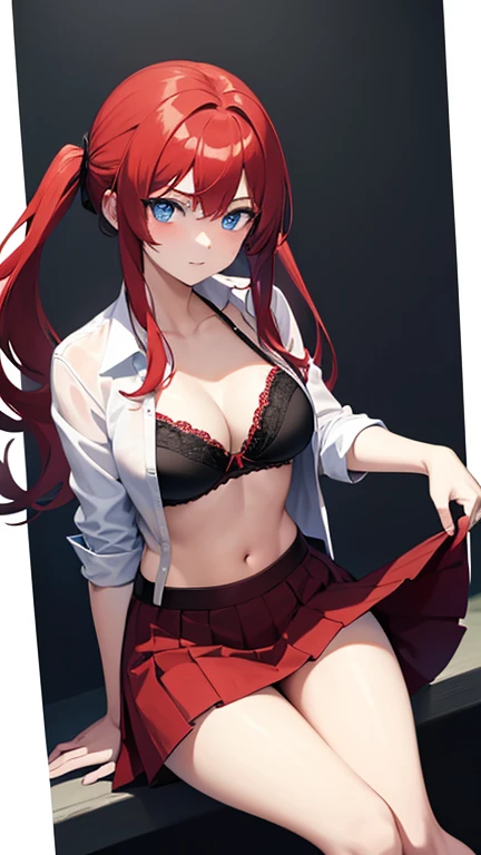 An anime girl with red hair and blue eyes wearing a skirt and an open shirt revealing a black and red bra