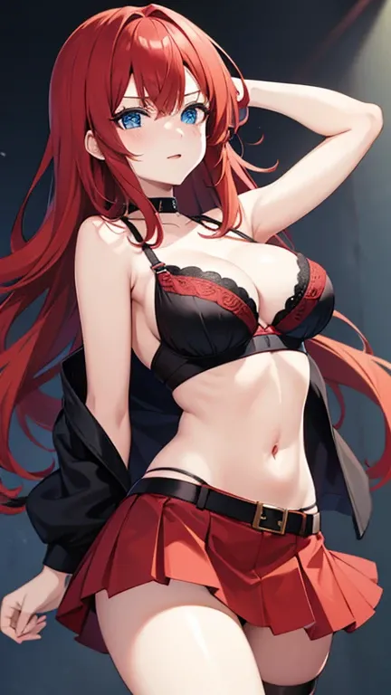 An anime girl with red hair and blue eyes wearing a skirt and an open shirt revealing a black and red bra