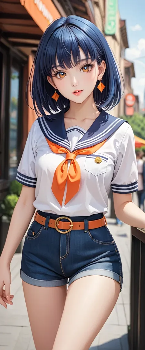 (best quality, masterpiece:1.2), 1girl, beautiful face, beautiful body, Sailor Venus, earrings, denim, belt, vibrant colors, realistic lighting, detailed shading, professional portrait, dynamic pose, urban background