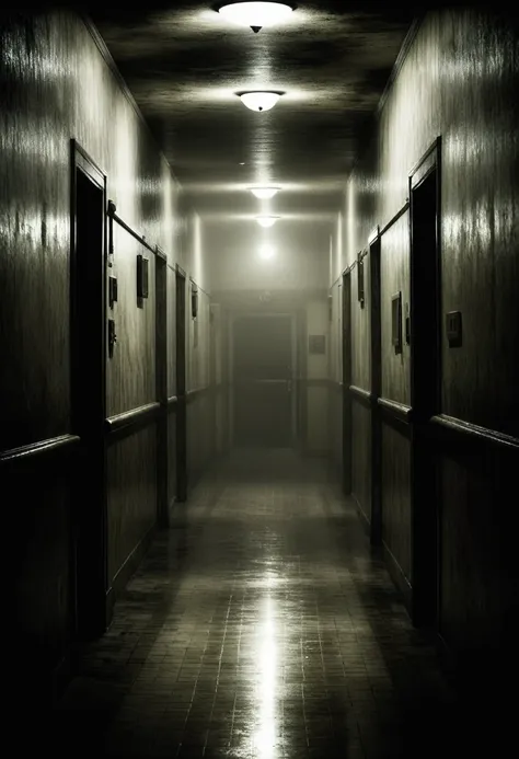 silent hill. alhimella hospital. night atmosphere, sepia, grainy, eerie setting. creepypasta is a scary creepy atmosphere. fog. ...