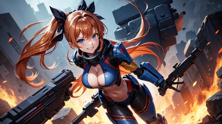 1girl, solo, war, fire, gun, chestnut hair, side ponytail, large breasts, mecha suit, dark blue eyes, cleavage 1:3, grin, looking at the viewer, standing, hair ribbon