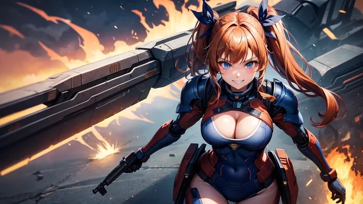 1girl, solo, war, fire, gun, chestnut hair, side ponytail, large breasts, mecha suit, dark blue eyes, cleavage 1:3, grin, looking at the viewer, standing, hair ribbon