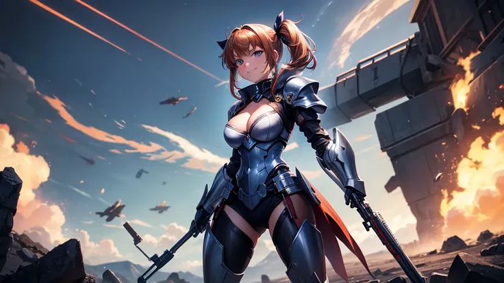 1girl, solo, war, fire, gun, chestnut hair, side ponytail, large breasts, mecha armor, metal armor, dark blue eyes, cleavage 1:3, grin, looking at the viewer, standing, hair ribbon