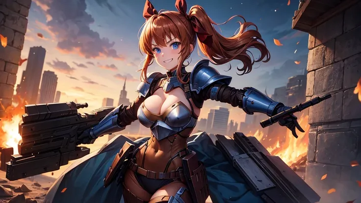 1girl, solo, war, fire, gun, chestnut hair, side ponytail, large breasts, mecha armor, metal armor, dark blue eyes, cleavage 1:3, grin, looking at the viewer, standing, hair ribbon