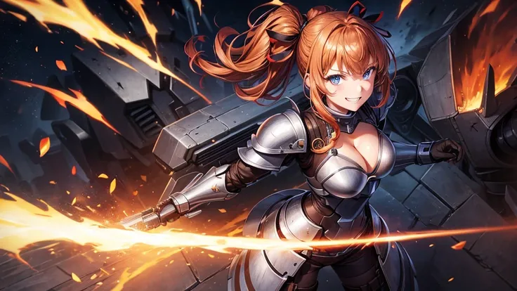 1girl, solo, war, fire, gun, chestnut hair, side ponytail, large breasts, mecha armor, metal armor, dark blue eyes, cleavage 1:3, grin, looking at the viewer, standing, hair ribbon