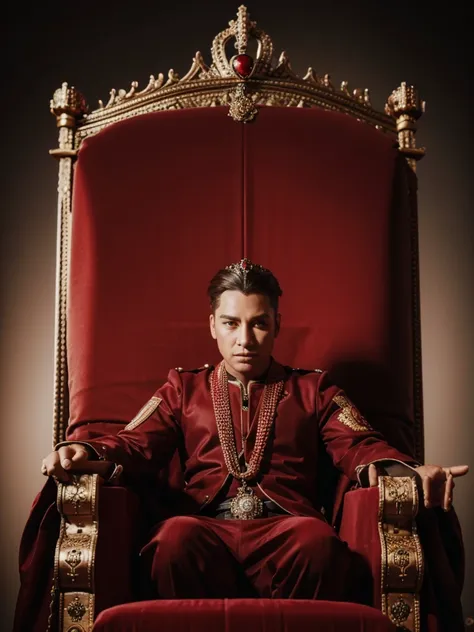 album cover, props, jewelry, throne, royalty, red