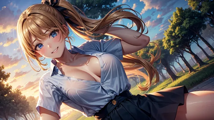 1girl, solo, summer, village, trees, sun, clouds, chestnut hair, side ponytail, large breasts, ((popping shirt buttons)), button down, unbuttoning buttons, taking off clothes, white bra, dark blue eyes, ((dark blue shirt)), ((unbuttoned shirt)), ((short sl...