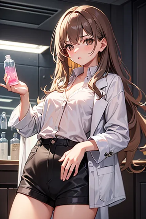 best quality, finely detailed, beautiful, HD, A 23 year old girl, long wavy light brown hair, brown eyes, unresponsive, white button-down shirt, black shorts, small breasts, standing, holding a science bottle with pink liquid, inside a scientific laborator...