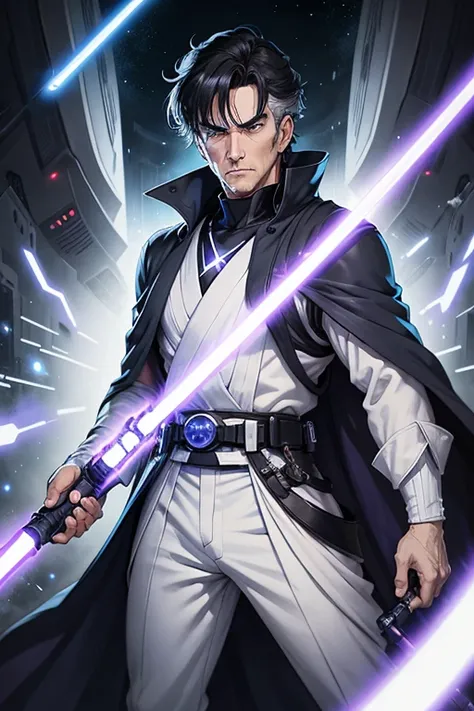 -anime style- -artwork- -super high quality- -4k- A handsome, elderly man, black hair with gray hair, bright blue eyes, dressed in a large gray robe, dirty white cloth pants, an expression of total seriousness, a intimidating look, holding a purple lightsa...