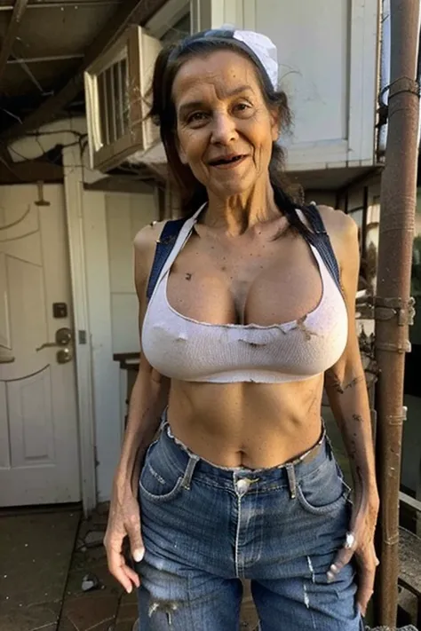 Mulher VELHA de 90 anos, standing wearing old and dirty clothes, funny expression.